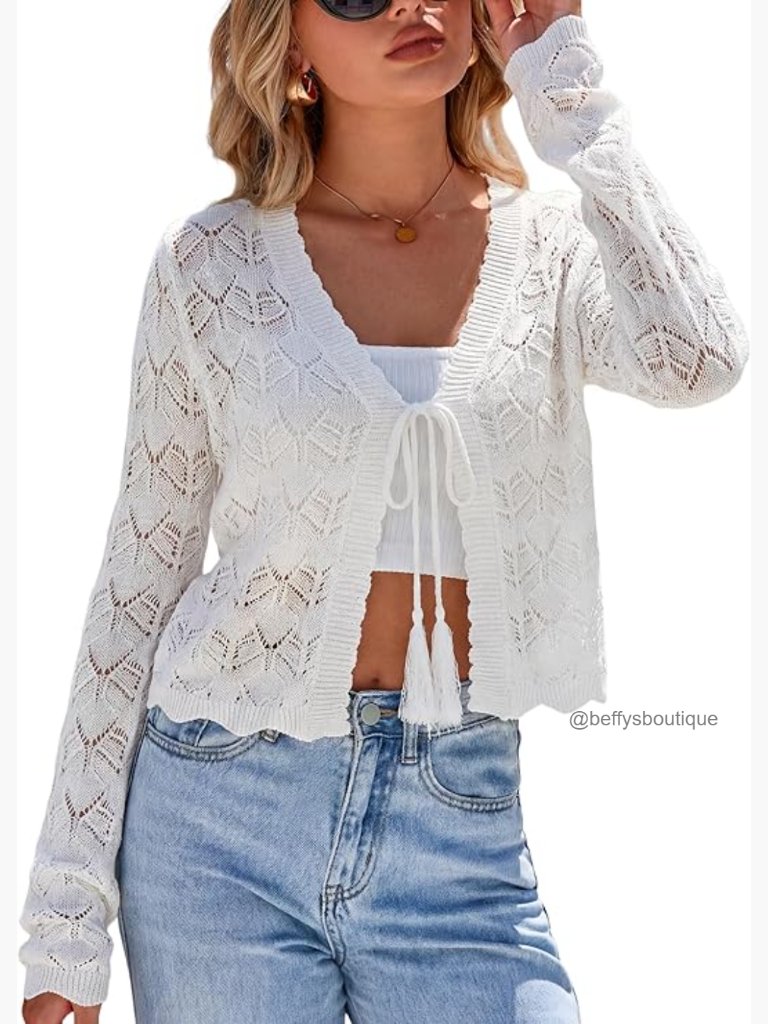Cropped Linen Blend Cardigan Tie Front Lightweight Shrug